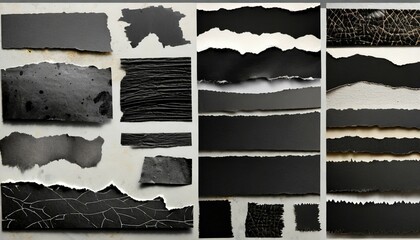 set collection of black ripped textured paper strips scraps and tape over a background ideal for text and messages cut out vintage collage design elements highly detailed - obrazy, fototapety, plakaty