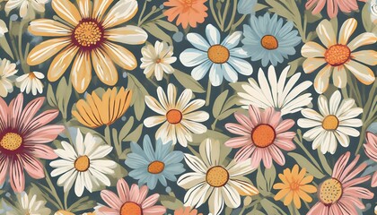 trendy floral seamless pattern vintage 70s style hippie flower background design colorful pastel...
