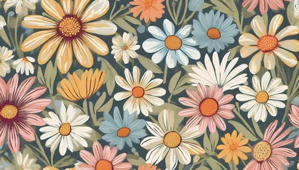 Fototapete trendy floral seamless pattern vintage 70s style hippie flower background design colorful pastel color groovy artwork y2k nature backdrop with daisy flowers © Irene