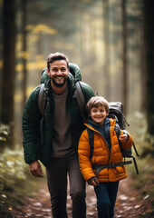 smiling son and father walking with backpacks through the forest, nature reserve, hiking, tall trees, blurred background, man, boy, trail, tourists, travel, hike, family, weekend together, child, kid