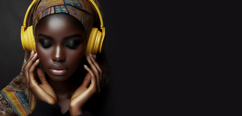 Young happy mixed race woman with beautiful makeup listening to music on earphones over black background.