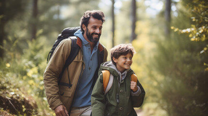 Fototapeta premium smiling son and father walking with backpacks through the forest, nature reserve, hiking, tall trees, blurred background, man, boy, trail, tourists, travel, hike, family, weekend together, child, kid
