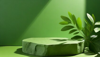 green background podium product platform for nature beauty cosmetic stage scene abstract rock podium pedestal mockup with green leaf shadow photography showcase fresh banner generative ai