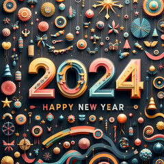 2024, colorfully decorated with paper, Happy New Year.Generative AI