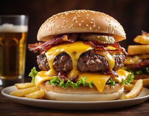 juicy burger and fries with a drink 