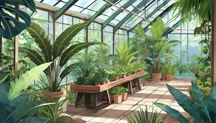 Fototapeta na wymiar anime style background game background plants in greenhouse store garden nursery botanical generative ai generative ai