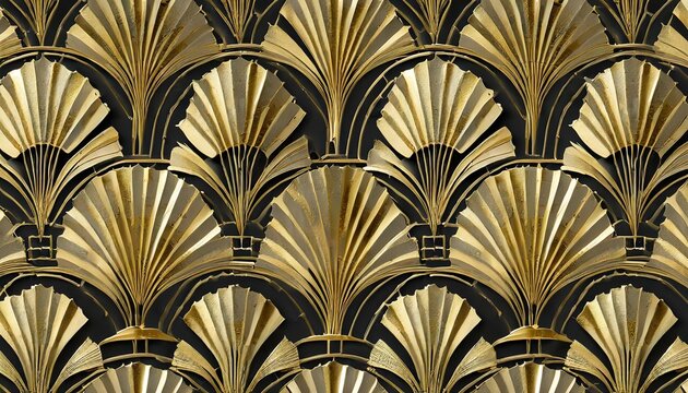 seamless golden art deco palm fan or shell line pattern vintage 1920 abstract geometric arches gold plated relief sculpture on black background ai generated