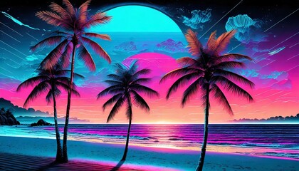 Fototapeta na wymiar aesthetic beach synthwave retrowave wallpaper with a cool and vibrant neon design generative ai