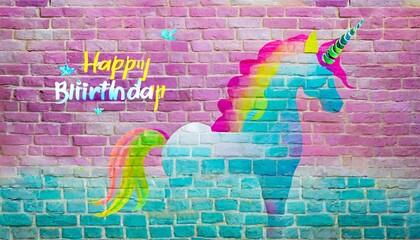 happy birthday unicorn mermaid pink background summer art invitation or rainbow color brick texture