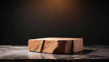 luxury natural stone podium for showing packaging and product on black background copy space ai generative
