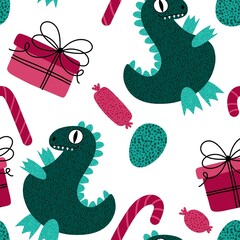 Christmas tree seamless dragon and gift box and balls and penguin pattern for wrapping paper and fabrics