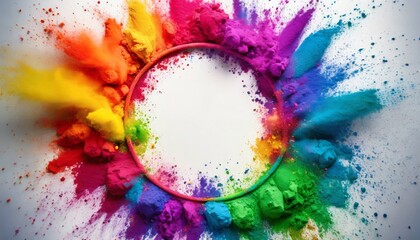 colorful rainbow holi paint color powder explosion ring circle with copy space on white background peace rgb beautiful party concept