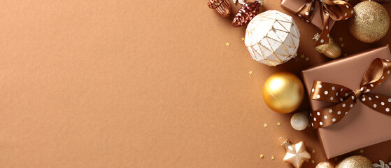 Christmas banner design with space for text. Flat lay composition with gift box, cozy decorations,...