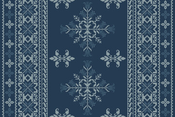 Abstract ethnic pixel border pattern flower. Aztec fabric boho mandalas India sari border design textile wallpaper. Tribal native motif African American saree borders Saree embroidery vector 