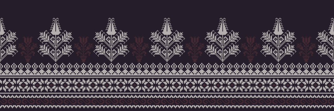Abstract ethnic pixel border pattern flower. Aztec fabric boho mandalas India sari border design textile wallpaper. Tribal native motif African American saree borders Saree embroidery vector 