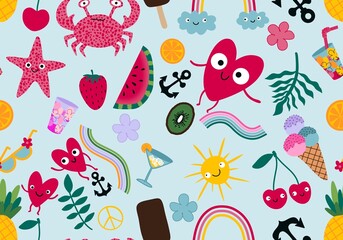 Summer cartoon doodle seamless rainbow and crabs and cherry and ice cream pattern for wrapping paper