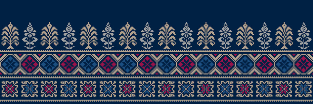 Abstract ethnic pixel border pattern flower. Aztec fabric boho mandalas India sari border design textile wallpaper. Tribal native motif African American saree borders Saree embroidery vector 