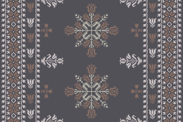 Abstract ethnic pixel border pattern flower. Aztec fabric boho mandalas India sari border design textile wallpaper. Tribal native motif African American saree borders Saree embroidery vector 