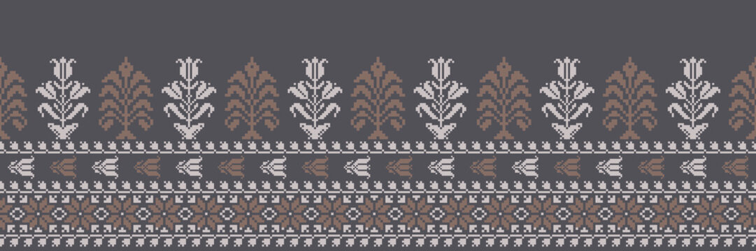 Abstract ethnic pixel border pattern flower. Aztec fabric boho mandalas India sari border design textile wallpaper. Tribal native motif African American saree borders Saree embroidery vector 