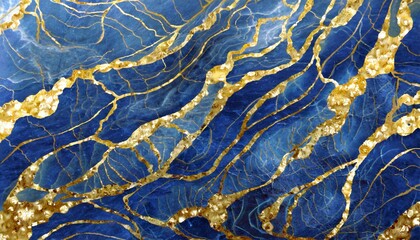 abstract background blue marble agate granite mosaic with golden veins japanese kintsugi technique fake painted artificial stone texture marbled surface digital marbling illustration