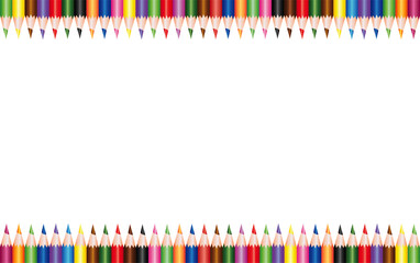 School crayons aligned on the top and bottom side of the page with a blank space for text