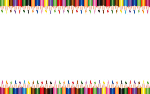 School crayons aligned on the top and bottom side of the page with a blank space for text