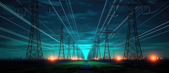 Electric transmission tower with neon blue cables at night with sky lights flashing blue, orange, green - Powered by Adobe