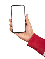 Close up of man hand holding modern smart phone mockup. New modern black frameless smartphone...