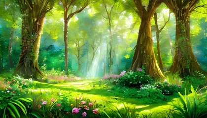 Gordijnen a beautiful fairytale enchanted forest with big trees and great vegetation digital painting background © Irene