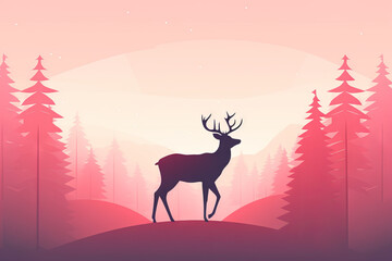 Minimalist illustration of a deer silhouette in the evergreen mountains, pink and red hues