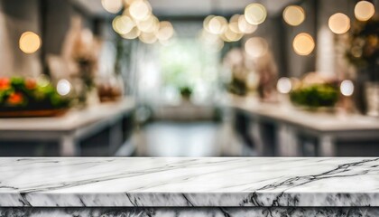 empty white table top counter desk background over blur perspective bokeh light background white marble stone table shelf and blurred kitchen restaurant for food product display mockup template