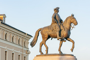 Russia. St. Petersburg, Strelna. Equestrian monument to Peter the Great in front of the...
