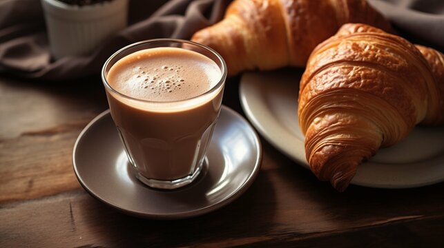 Delicious croissants and coffee on a rustic wooden table for a French breakfast