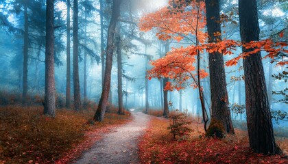 Fototapeta premium beautiful mystical forest in blue fog in autumn colorful landscape with enchanted trees with orange and red leaves scenery with path in dreamy foggy forest fall colors in october nature background