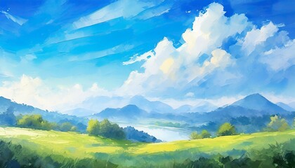 beautiful landscape with blue sky painting illustration beautiful sky digital art art in anime painting style generative ai