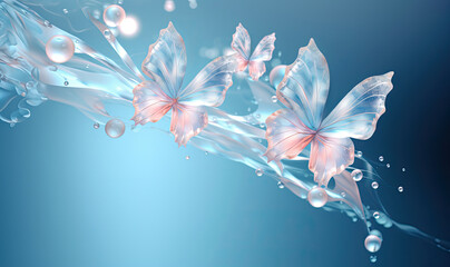 Silky pink butterflies with water drops on a tranquil blue background