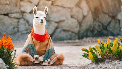 calm looking alpaca or llama wearing simple clothes sitting on ground in lotus like position zen meditation concept banner with space for text at side generative ai