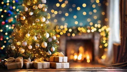 christmas tree with decorations near a fireplace with lights