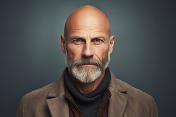 A modern and elegant bald man, with a beard, 48 years old. light colored background