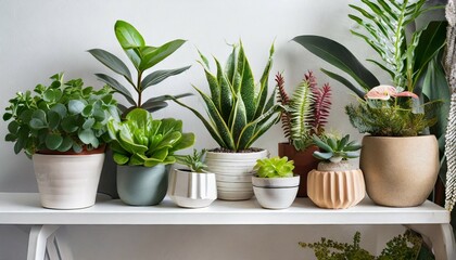collection of various houseplants displayed in ceramic pots with background potted exotic house plants on white shelf against white wall home garden banner - obrazy, fototapety, plakaty
