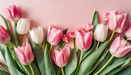 beautiful composition spring flowers bouquet of pink tulips flowers on pastel pink background valentine s day easter birthday happy women s day mother s day flat lay top view copy space