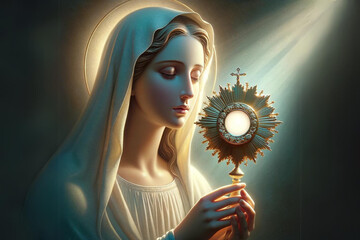 Nossa Senhora Segurando o ostensório, Nossa Senhora e a Eucaristia, Virgem Maria - obrazy, fototapety, plakaty