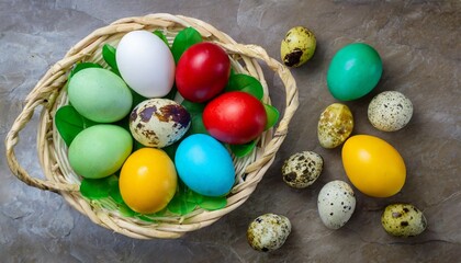 Fototapeta na wymiar set eggs of different colors placed on a background one flower shaped egg made of two red yellow green and blue eggs quail eggs in a basket