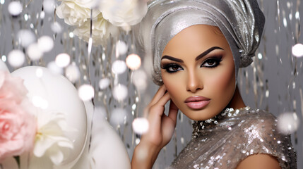 Glamorous close up portrait of muslim model at a party, in a party dress, with confetti and balloons.