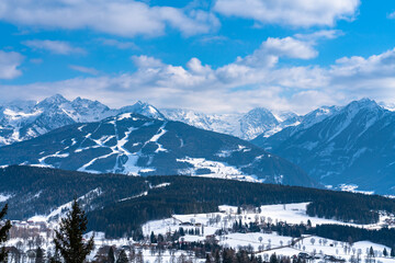 Beautiful aerial panorama view of Ramsau am Dachstein village and Schladming with peak Planai in winter, Austria