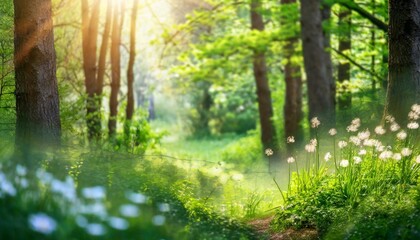 defocused green trees in forest or park with wild grass and sun beams beautiful summer spring...