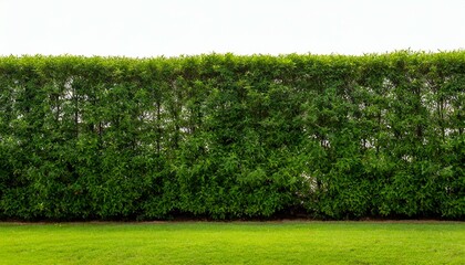 long tree hedge and green grass lawn the upper part on white background - obrazy, fototapety, plakaty
