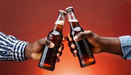 male hands with bottles of cold beer clinking on red background