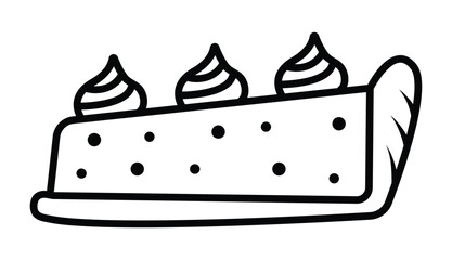 Black line piece of creamy pie, biscuit cake slice with sides and cream, vector doodle