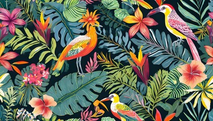 seamless pattern background influenced by the organic forms and vibrant colors of tropical rainforests with colourful birds and flowers